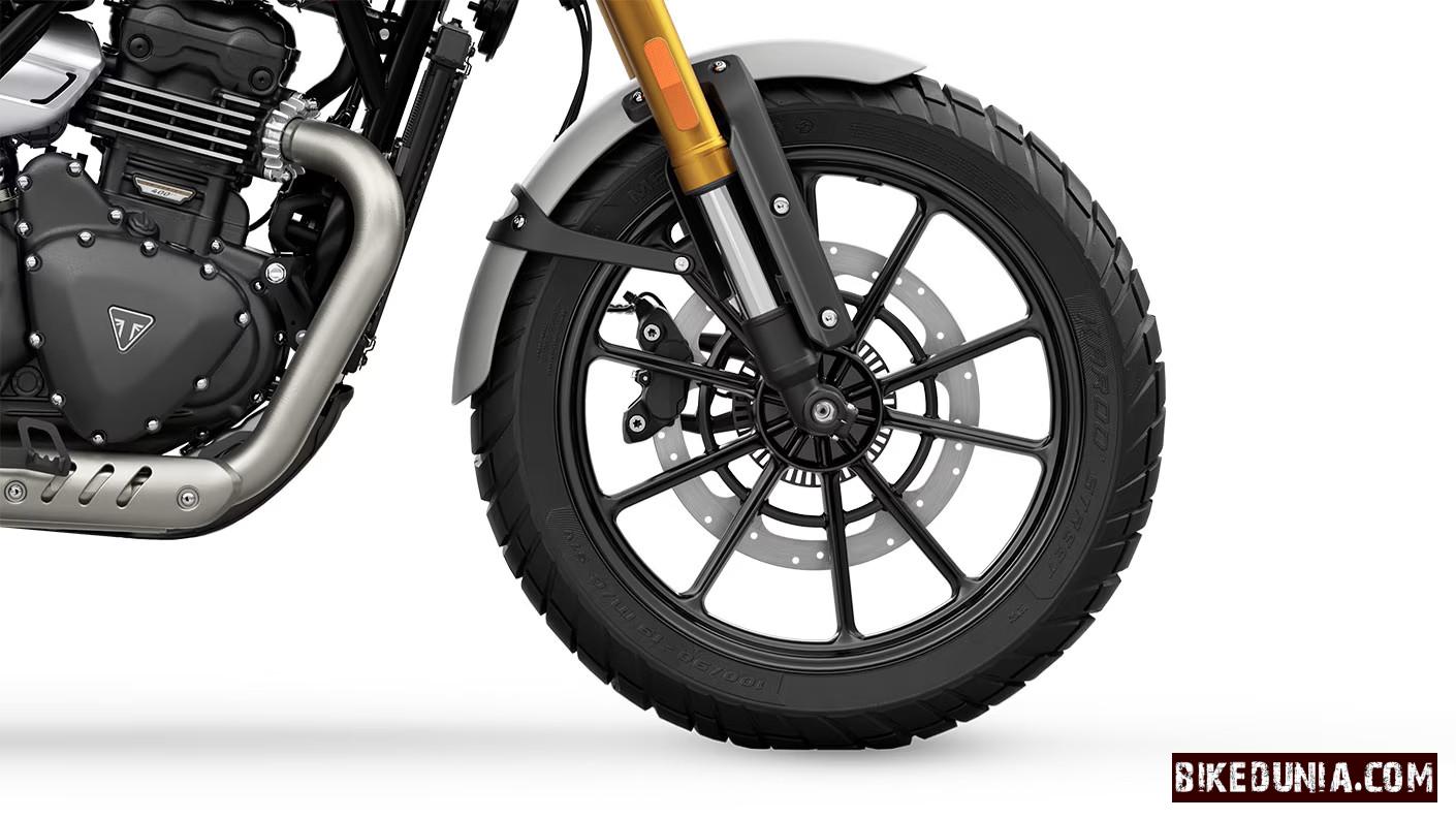 Triumph Scrambler 400 X 320mm fixed disc, four-piston radial caliper, ABS